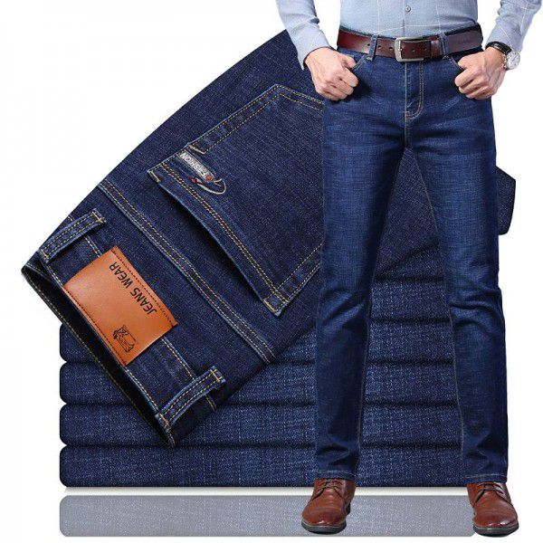 Quality hot selling men's jeans autumn and winter thick stretch versatile light business little dad pants show young men's style 