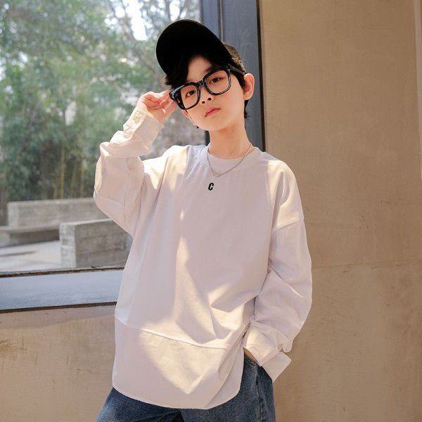 Children's long-sleeved T-shirt 2022 new middle and large children's white boy's cotton bottom shirt t-shirt spring and autumn top 