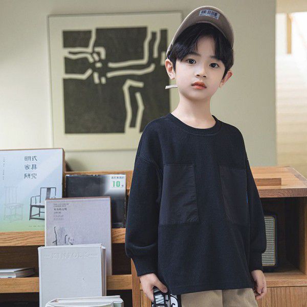 Boys' long-sleeved T-shirt 2022 new autumn clothes children's top middle and large children's patch round neck children's pullover bottom shirt 