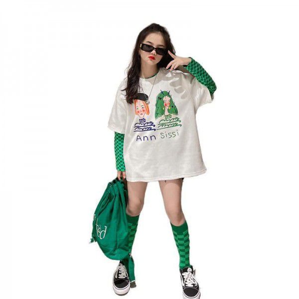 Girls' fake two-piece T-shirt spring and autumn long-sleeved 2022 new middle and large children's western-style casual loose medium and long top 