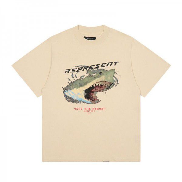 Fashion Brand REPRESENT Shark Print Destroyed Short Sleeve T-shirt Cotton Men Heavyweight Washed Old American High Street Loose 