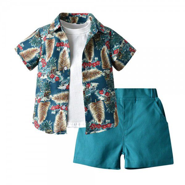Cross-border children's Hawaiian suit 2021 boys' fashion flower shirt jacket short-sleeved t-shirt shorts three-piece set 