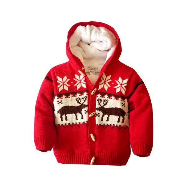 Cross-border supply autumn and winter new Christmas elk hooded plush children's sweater coat children's sweater wholesale 