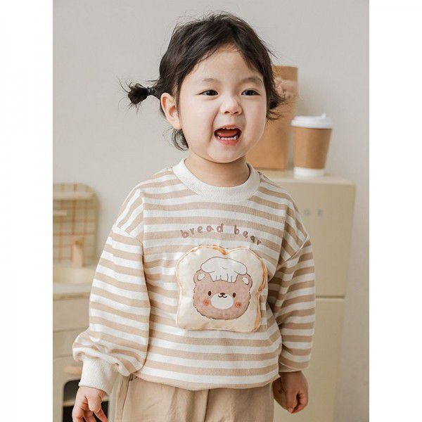 Qiu Duomeng Children's Bread Bear Straps Baby Cartoon Sweater Set 2023 Spring Girls' casual pants 