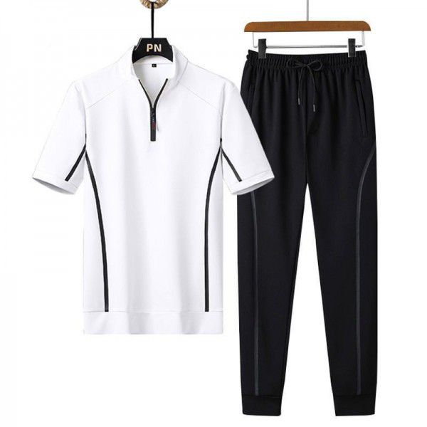 Couples summer short-sleeved trousers suit men fat men large youth fashion casual sports stand collar suit men 