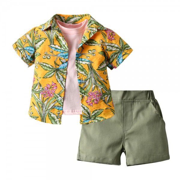 Cross-border children's Hawaiian suit 2021 boys' fashion flower shirt jacket short-sleeved t-shirt shorts three-piece set 