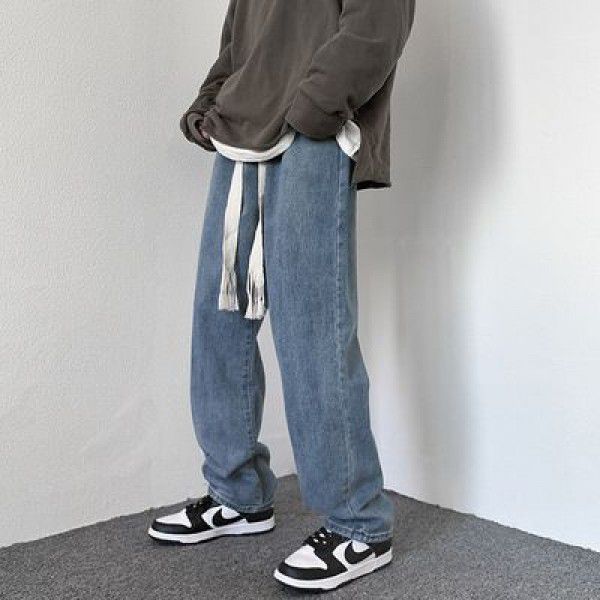 Men's jeans Spring new style drawstring loose straight tube dad pants Men's trend Korean wide leg mop pants 