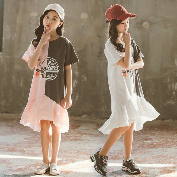 Summer Korean version of large and medium-sized children's clothing color letters t-shirt short sleeve dress children's skirt parent-child dress