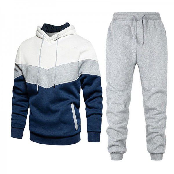 Men's sports suit fashion casual spring and autumn patchwork hooded sweater pants two-piece set