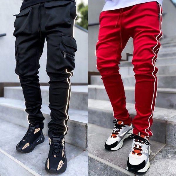 Cross-border spring and autumn overalls for foreign trade Men's fashion elastic multi-pocket reflective straight sports fitness casual pants 
