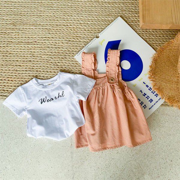 Girls' strappy dress set 2023 summer new Korean version women's treasure letter T-shirt short sleeve strappy dress pink 