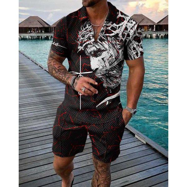 Independent station Amazon cross-border fashion button polo shirt suit Men's casual 3D printed polo shirt shorts 