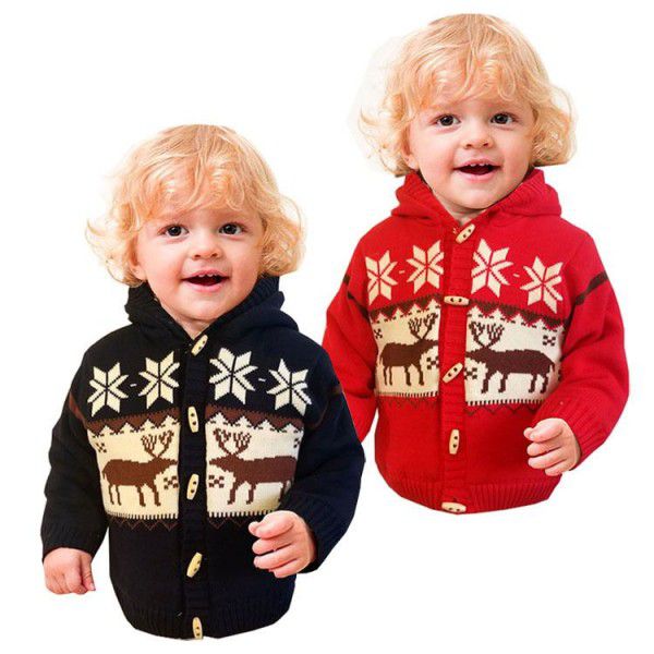 Cross-border supply autumn and winter new Christmas elk hooded plush children's sweater coat children's sweater wholesale 