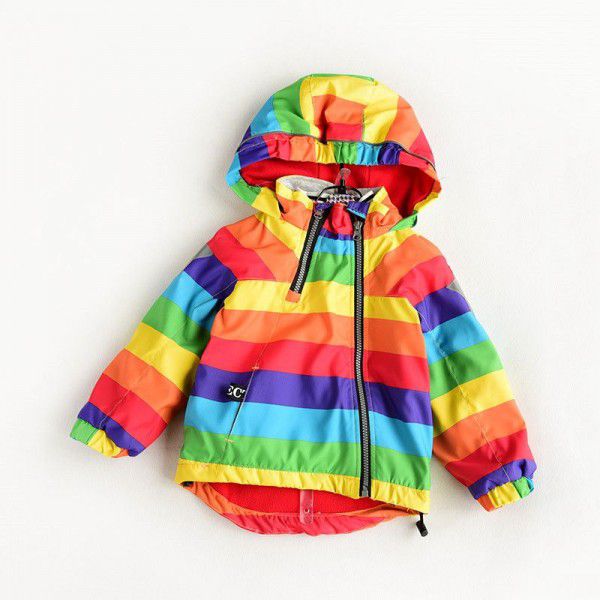 Autumn and winter boys and girls' rainbow fleece windbreaker children's waterproof coat hooded stormsuit spring and autumn