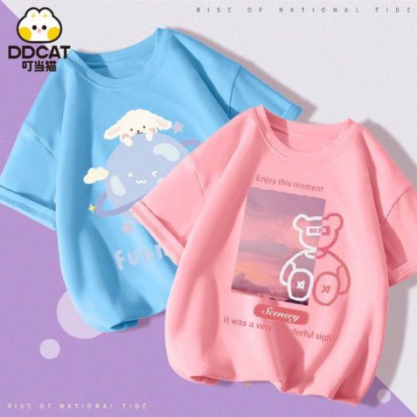Girls' short-sleeved t-shirt summer cartoon printed cotton half-sleeved T-shirt for middle and large children 2022 new spot wholesale 