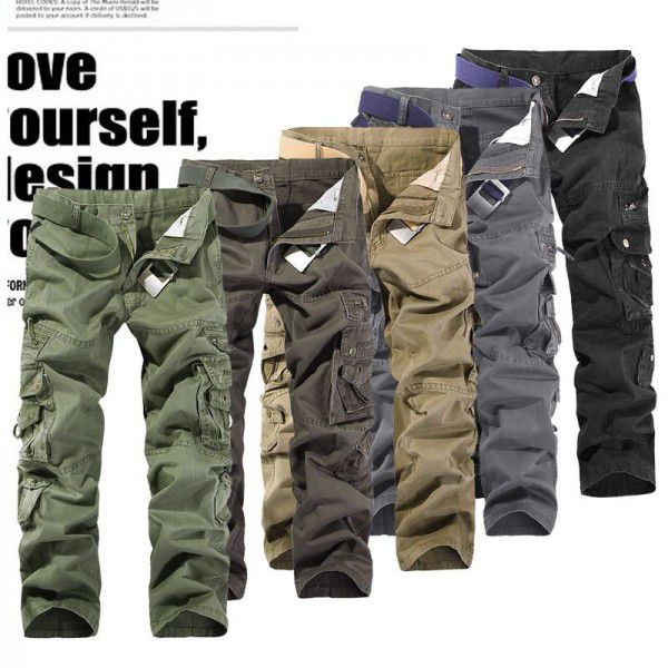 Men's casual solid color multi-pocket washable overalls outdoor men's trousers