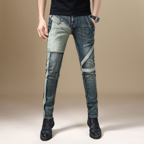 Autumn new high-end motorcycle stitching stretch jeans Men's slim fit small foot casual heavy work retro personalized pants 