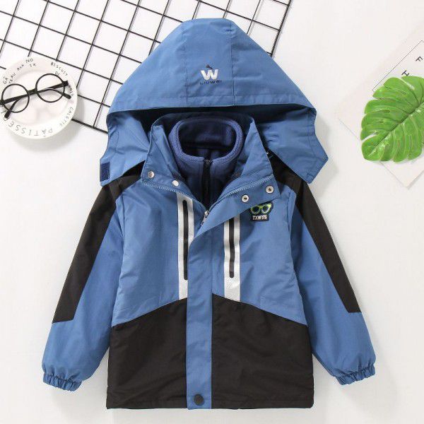 Boys' sprint coat three-in-one detachable autumn and winter clothes 2022 new children's thickened color-blocking windbreaker jacket 