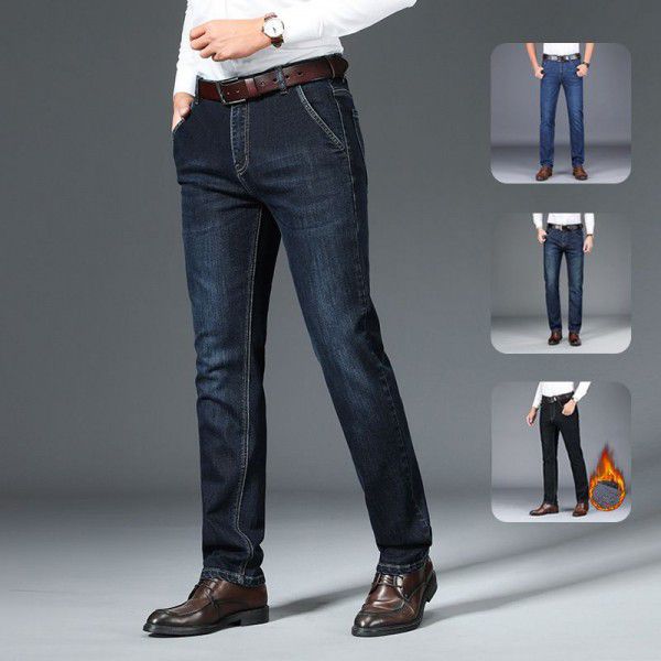 Autumn and Winter Stretch Jeans Men's Straight Fit Jeans Men's Business Medium Waist Velvet Denim Pants Wholesale 