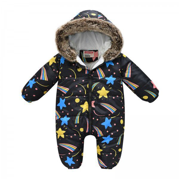 New autumn and winter children's cartoon print climbing clothes one-piece jacket with wool collar and hat for warmth protection