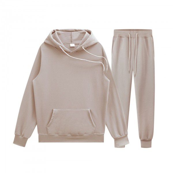 Men's pullover sweater set manufacturer polyester plush sweater hoodie+two-piece set of trousers