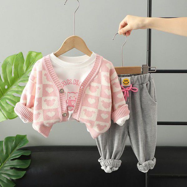 Foreign trade children's clothing 2022 autumn girls' knitted cardigan jacket printed long-sleeved T-shirt casual pants three-piece suit 