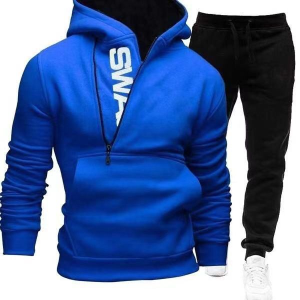 New men's hooded foreign trade oblique zipper printing pullover Wish quick sell two-piece sweater pants outer suit 