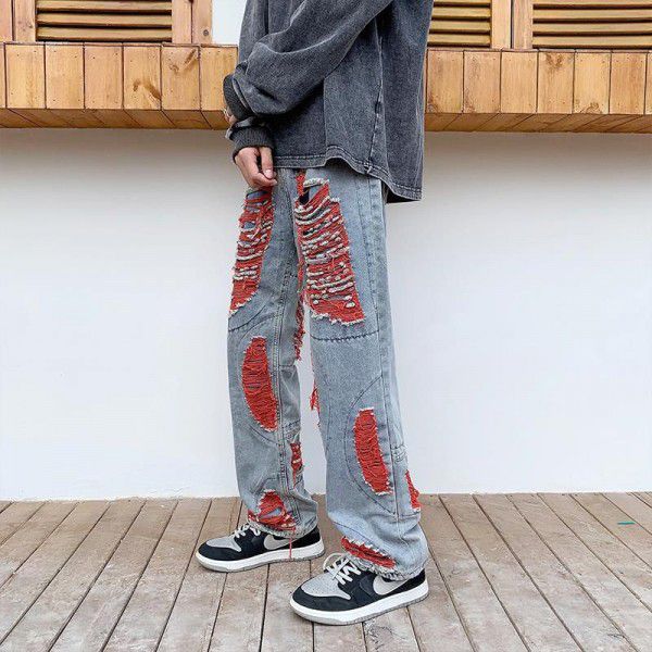 Harajuku style embroidered torn jeans Men's fashion American high street vibe pants Summer loose wide leg mop pants 