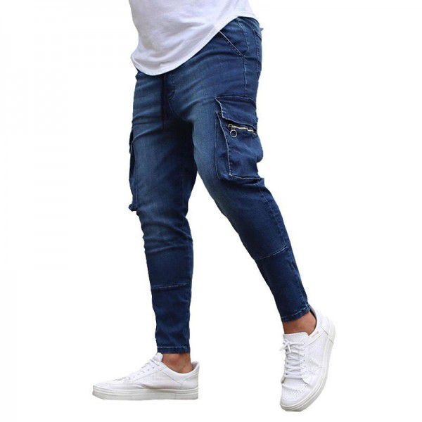 Hot sale men's multi-pocket elastic small-foot overalls jeans men
