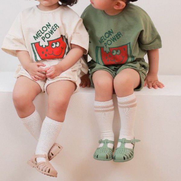 Children's new summer suit Korean style sports casual cartoon printed t-shirt for boys and girls short-sleeved shorts set 