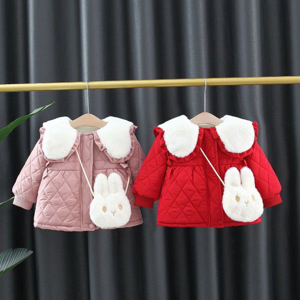 Winter girls' thickened cotton clothes new large lapel cartoon outerwear foreign style honing cotton rhombus plush cotton clothes 