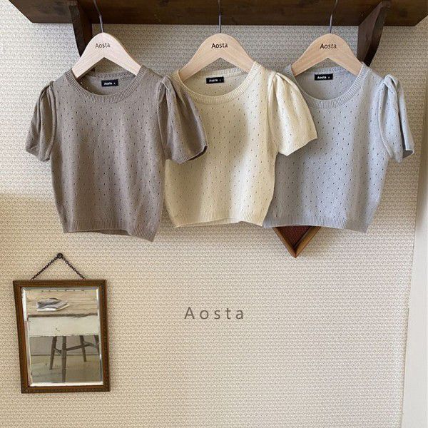 Spot South Korea South Gate Children's Clothing Summer New Children's Bubble Sleeve Knitted T-shirt Top Girls' Round Neck Pullover 