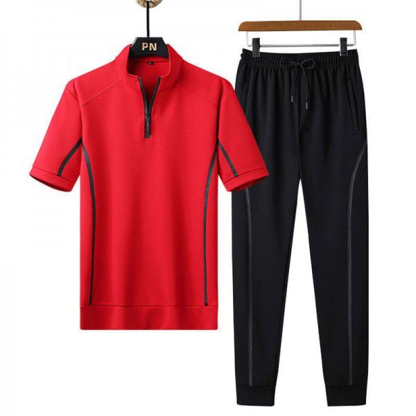 Couples summer short-sleeved trousers suit men fat men large youth fashion casual sports stand collar suit men 