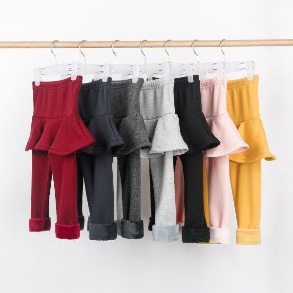 Fake two-piece leggings girls' skirt pants wear plush thickened children's thermal insulation trousers cotton in winter 