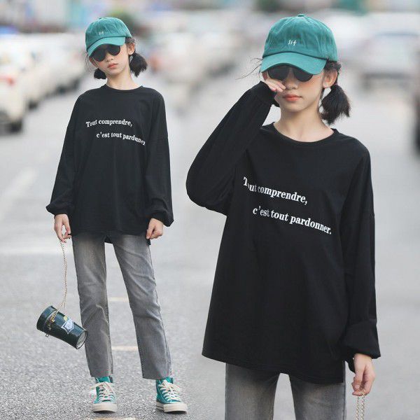 Autumn and winter girls' loose printed cotton T-shirt long middle and large children's top Japanese and Korean leisure trend