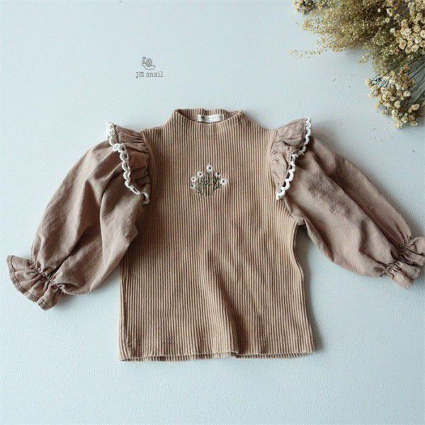 Girls' western-style embroidery flower small filigree hem bottom top small and medium-sized girls' knitting T-shirt