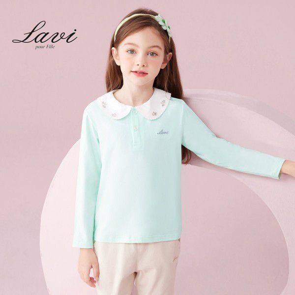 LAVI children's clothing 2023 spring new T-shirt long-sleeved girls' lapel top medium and large children's clothing girls' T-shirt casual 