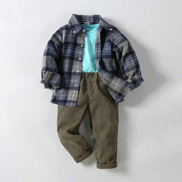 Ins boys' plaid shirt jacket knitted T-shirt corduroy trousers three-piece set for children 