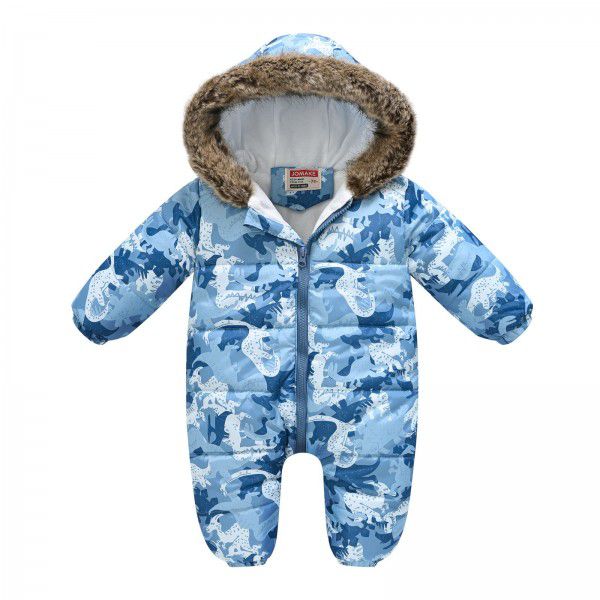 New autumn and winter children's cartoon print climbing clothes one-piece jacket with wool collar and hat for warmth protection