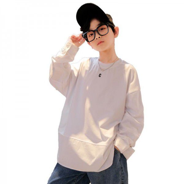 Children's long-sleeved T-shirt 2022 new middle and large children's white boy's cotton bottom shirt t-shirt spring and autumn top 