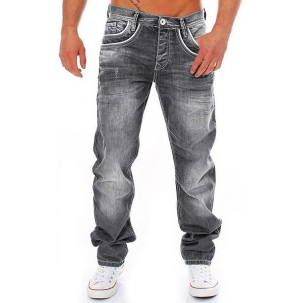 Cross-border 2022 Amazon men's worn-out white pocket zippered jeans fashion waist loose straight pants 