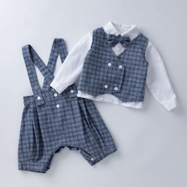 Source Factory Children's Spring and Autumn Gentlemen's Dress Set Boys' Long Sleeve T-shirt Vest Strap Pants Three Piece Set 