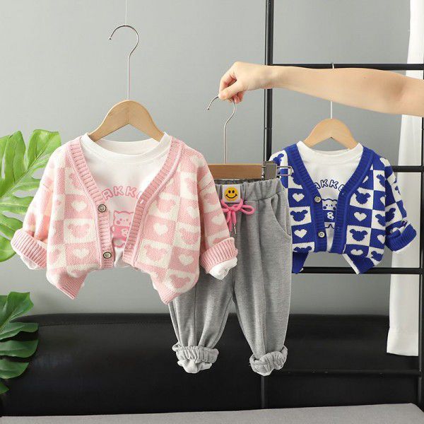 Foreign trade children's clothing 2022 autumn girls' knitted cardigan jacket printed long-sleeved T-shirt casual pants three-piece suit 