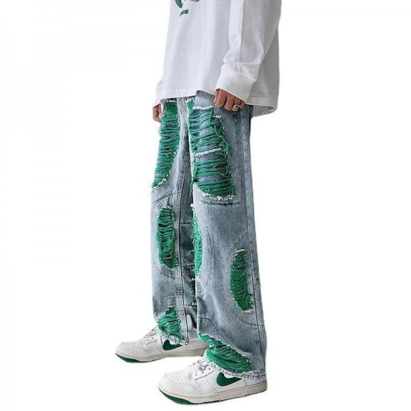 Harajuku style embroidered torn jeans Men's fashion American high street vibe pants Summer loose wide leg mop pants 