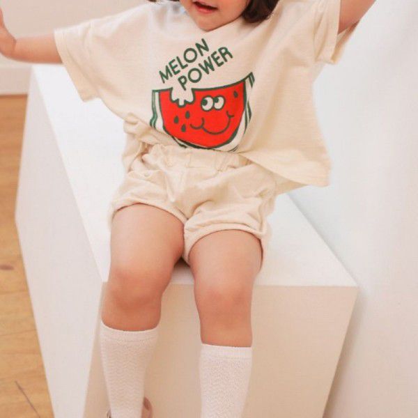 Children's new summer suit Korean style sports casual cartoon printed t-shirt for boys and girls short-sleeved shorts set 