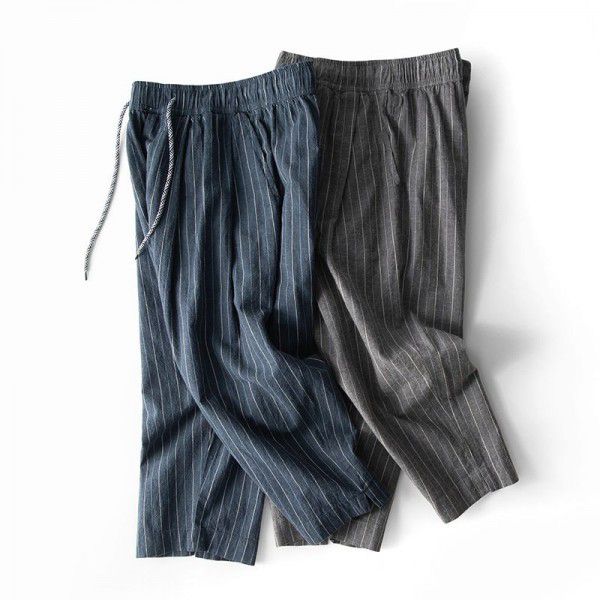 Elastic waist stripe large straight cotton and hemp casual pants Men's drawstring waist loose linen pants 