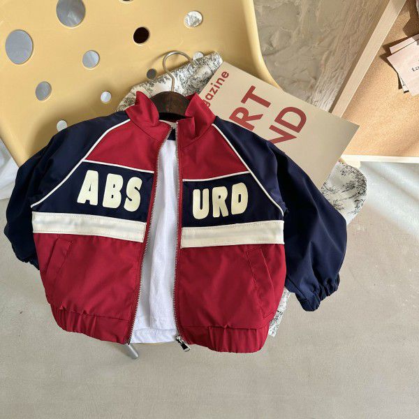 Children's coat 2023 squinting spring new color contrast letter coat for boys and girls baby sports patchwork jacket 