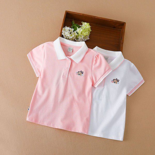 Girls' short-sleeved T-shirt polo shirt 2022 summer new children's top pure cotton large children's clothing solid color bottom shirt thin 
