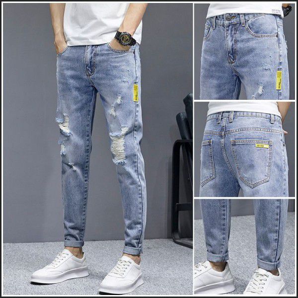Four Seasons Hot Sale of New Broken Pants Jeans Men's Slim Fit Feet Leisure Versatile Beggar Fashion Brand Nine Pants 