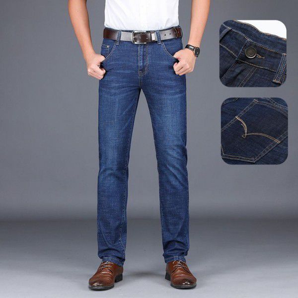 Autumn and Winter Stretch Jeans Men's Straight Fit Jeans Men's Business Medium Waist Velvet Denim Pants Wholesale 